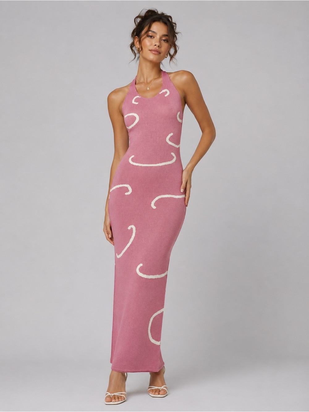 Boohoo Pink Halter Knit Midi with Cream Swirl Accents